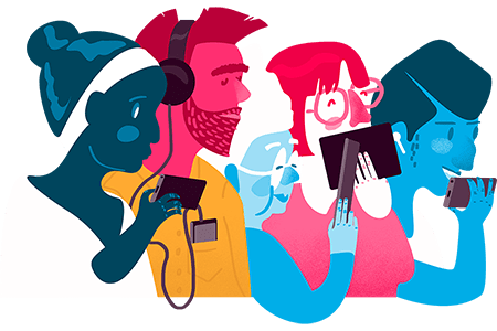 Illustration depicting a colorful group of people using an array of mobile devices